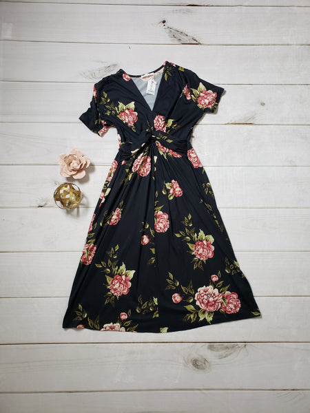 Black Floral Twist Front Dress