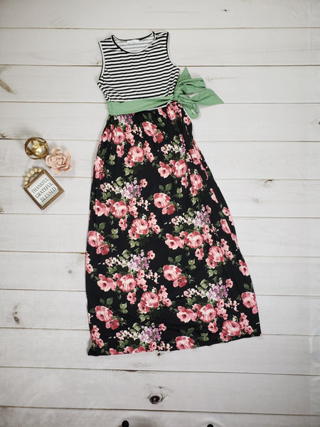 Black/White Striped & Floral Maxi Dress