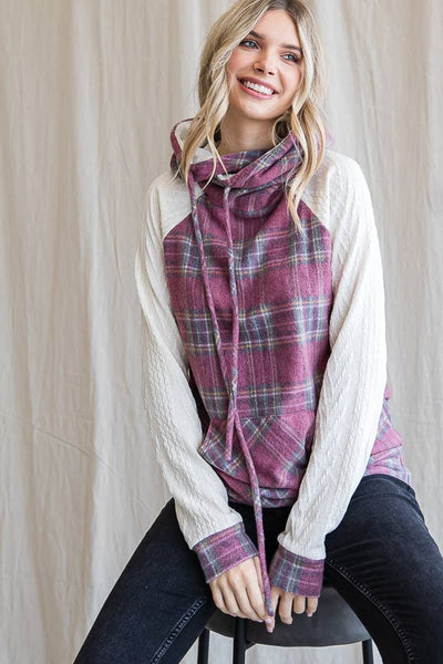 RED & WHITE PLAID KNIT LONG SLEEVE HOODIE