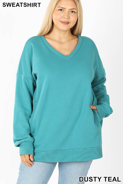 DUSTY TEAL PLUS LONG SLEEVE V-NECK SWEATSHIRTS WITH SIDE POCKETS